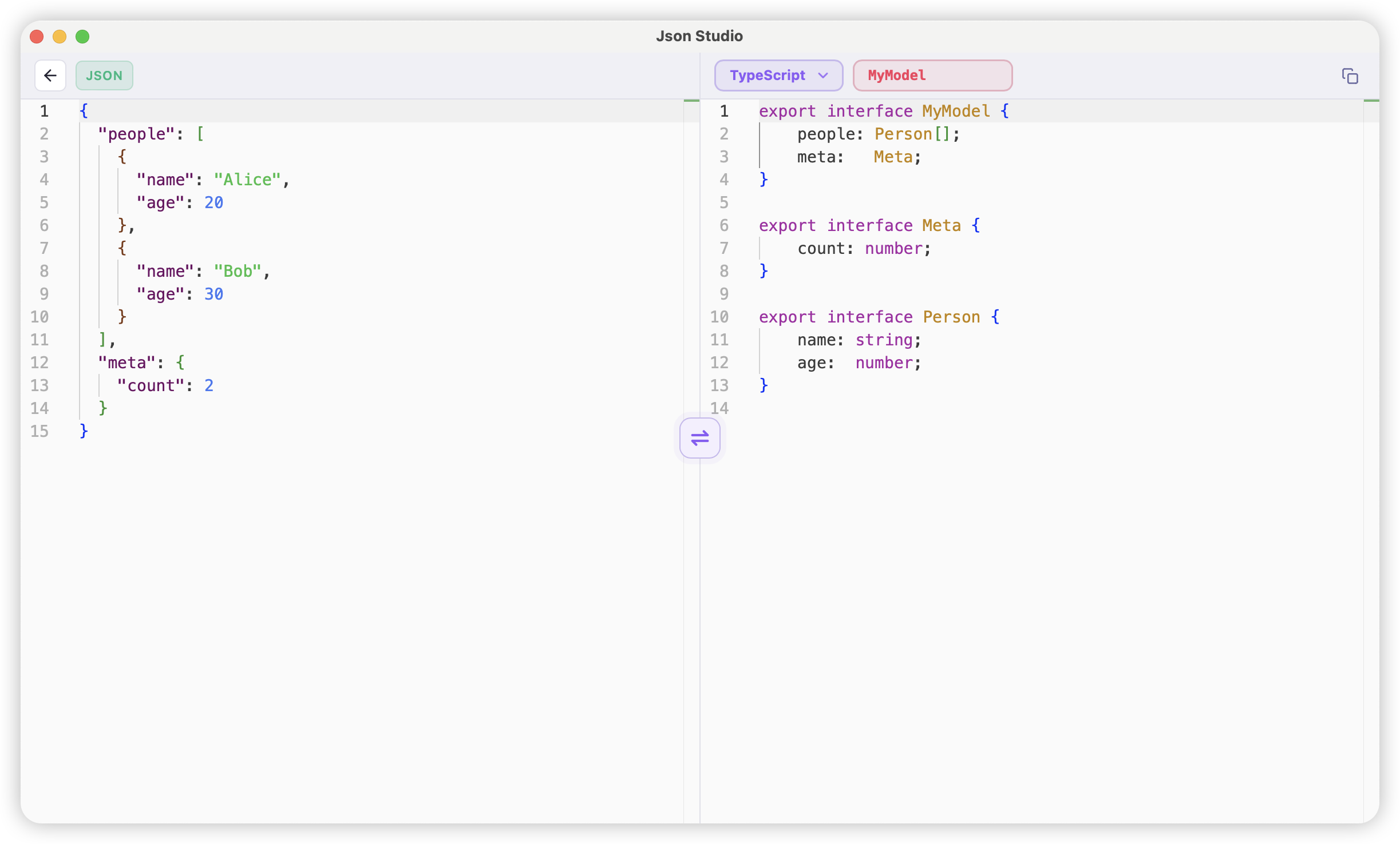 JSON Code Generator in JsonStudio
