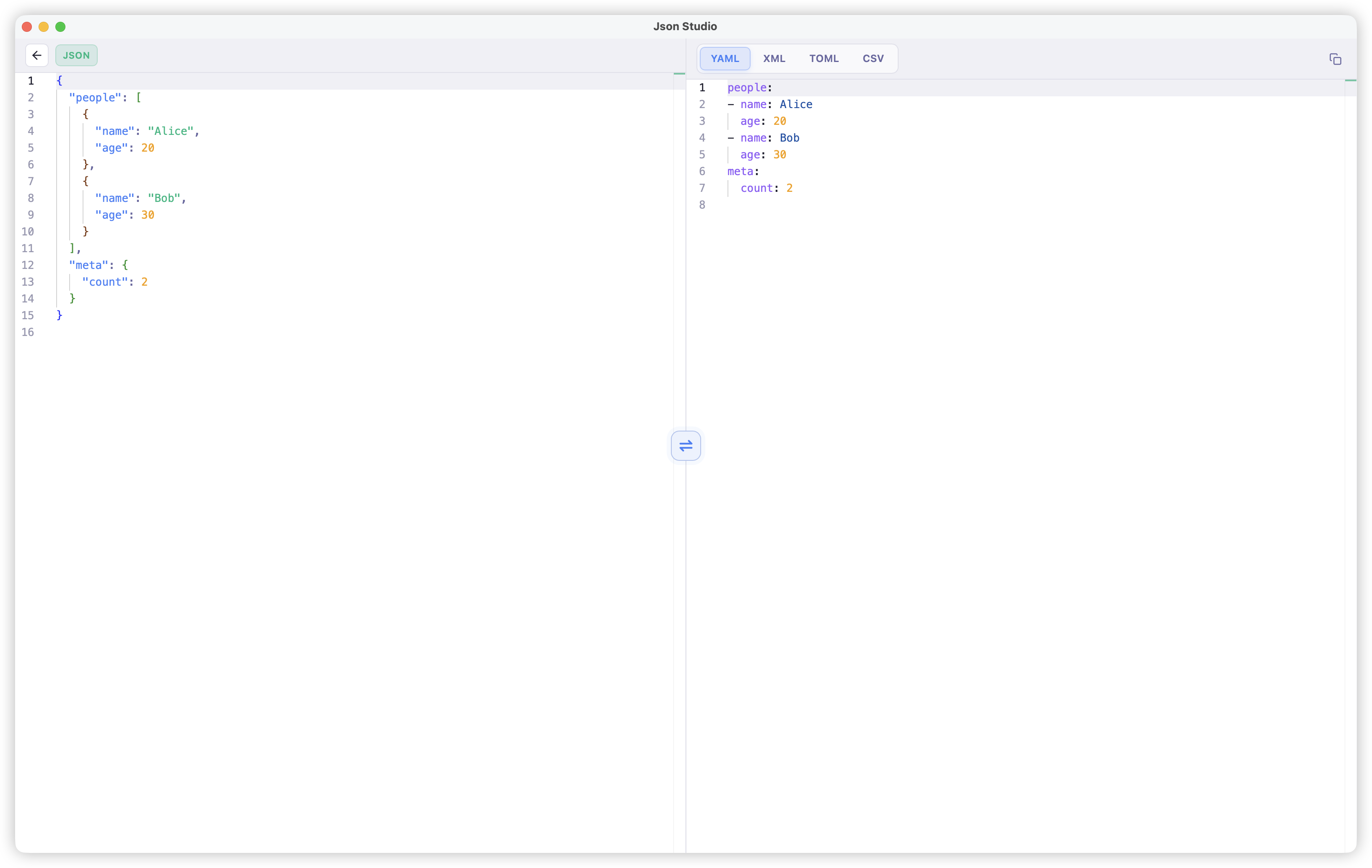 Homely Json JSON 转换工具 - JSON 转 YAML、XML、TOML、CSV | JsonStudio
